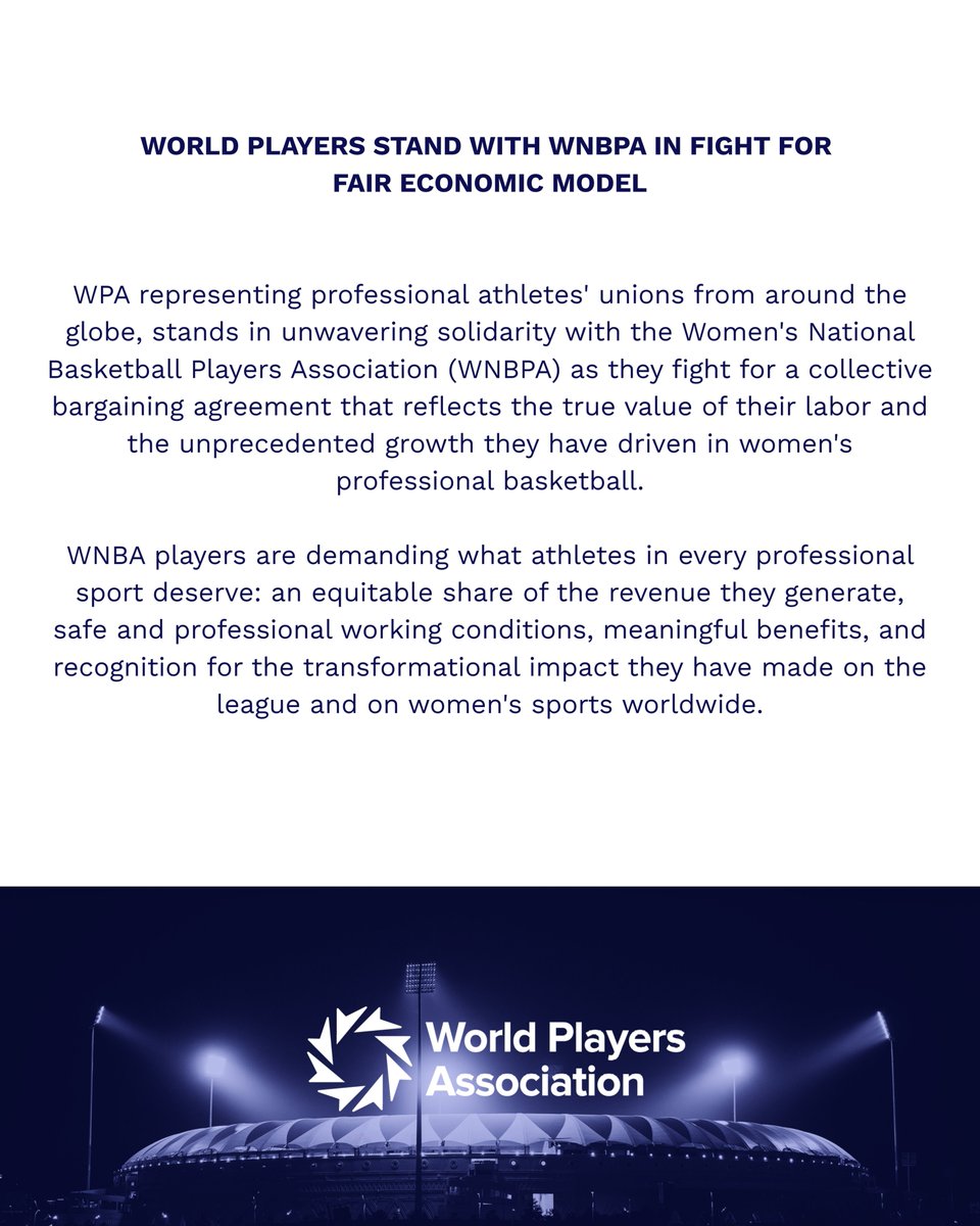 WorldPlayersWPA's tweet image. 🌎 WORLD PLAYERS STAND IN SOLIDARITY WITH @WNBPA in their fight for a fair economic model, higher salaries, and better conditions that truly reflect their contribution to the game. 🏀 #PayThem #PlayersSupportingPlayers #WorldPlayers #ItsBusiness @WorldPlayersWPA