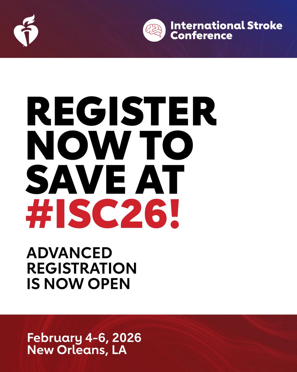 AHAScience's tweet image. Get the best price for #ISC26 now! Join us in New Orleans and help change the future of stroke science and brain health.  

ISC26 Chairs: @LaurenHSansing @bijoymenon