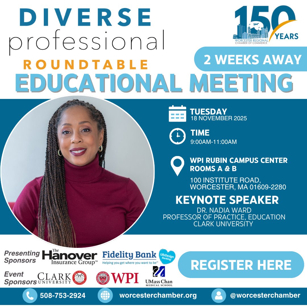 ⏰ Only 2 weeks away!
Join us for the  Diverse Professional Roundtable Educational Meeting featuring keynote speaker Dr. Nadia Ward from Clark University 🌟 

📅 Nov 18, 2025 
⏰ 9–11 AM 
📍 WPI Rubin Campus Center
Don’t miss out, Register today 🔗 zurl.co/oRIoo