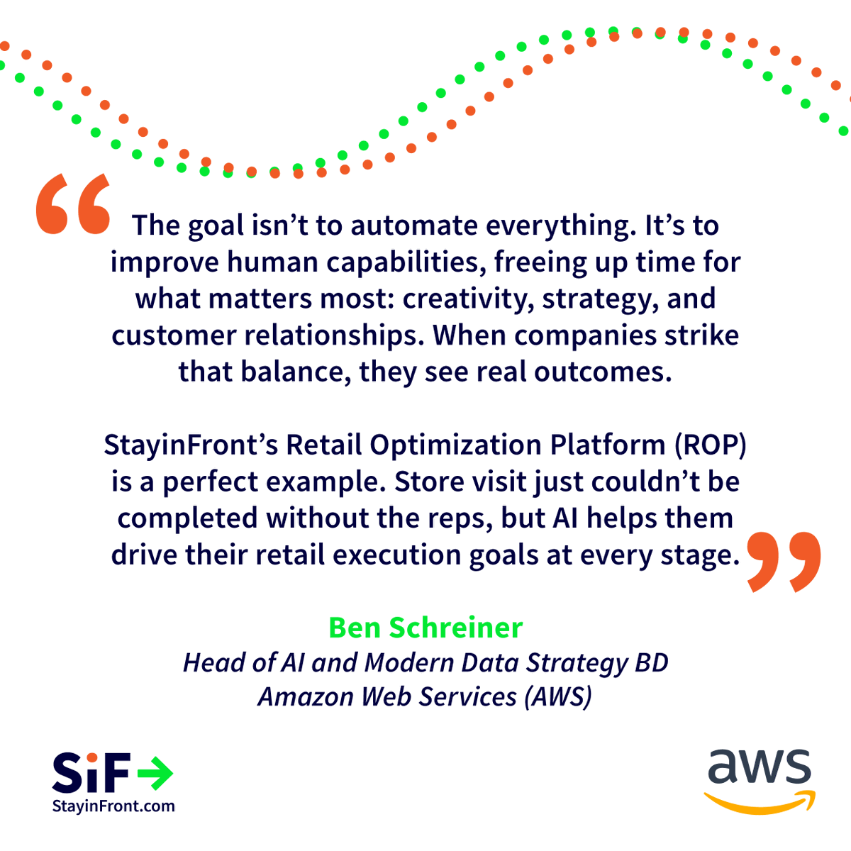 StayinFront's tweet photo. Ben Schreiner, Head of AI and Modern Data Strategy BD at Amazon Web Services (AWS), shares his thoughts on StayinFront's AI Solutions. 

Contact us to find out how you empower your retail execution strategy with AI https://t.co/PBRP8eCJ6v

#RetailExecution #AI #CG https://t.co/HWCTRy2AqE
