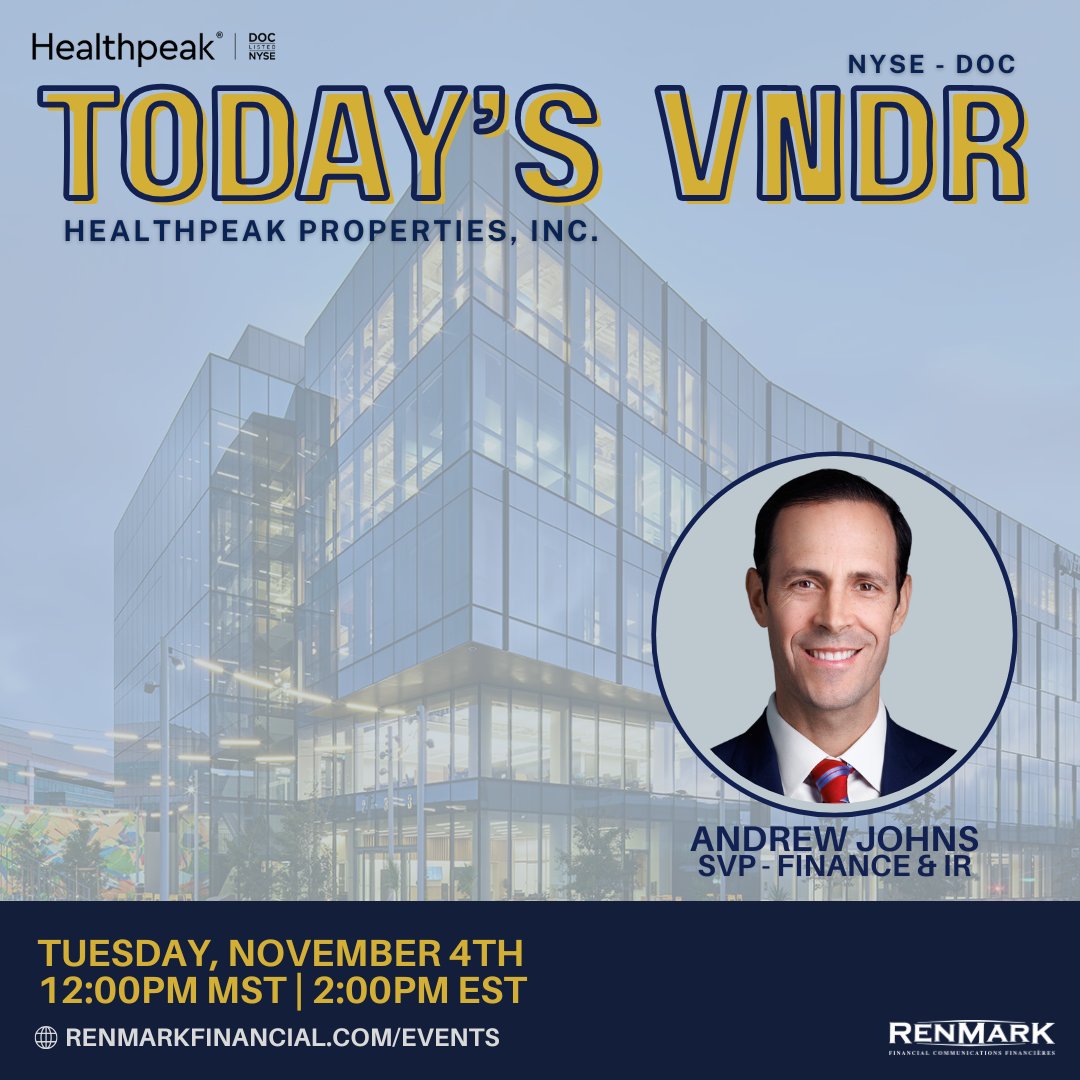 🏥 Healthpeak Properties is building value across the healthcare spectrum — from life sciences to senior living.

📅 Nov 4 | 🕛 12PM MST | 2PM EST
🔗 ow.ly/e5Ux50XkwvL

#Healthpeak #HealthcareRealEstate #RenmarkVNDR