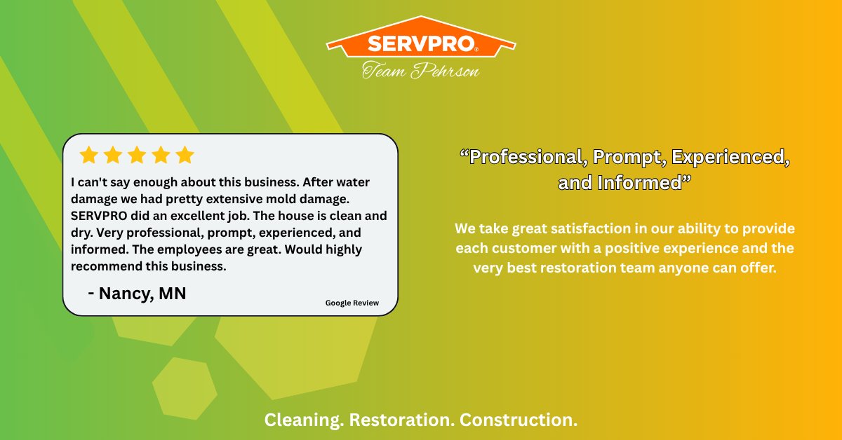 Thinking about choosing SERVPRO for your restoration needs? Don't take just our word for it, but hear from one of our customers who gave us a 5-star review last week!!
Thank you again Nancy for the glowing review!
#SERVPRO #servproteampehrson