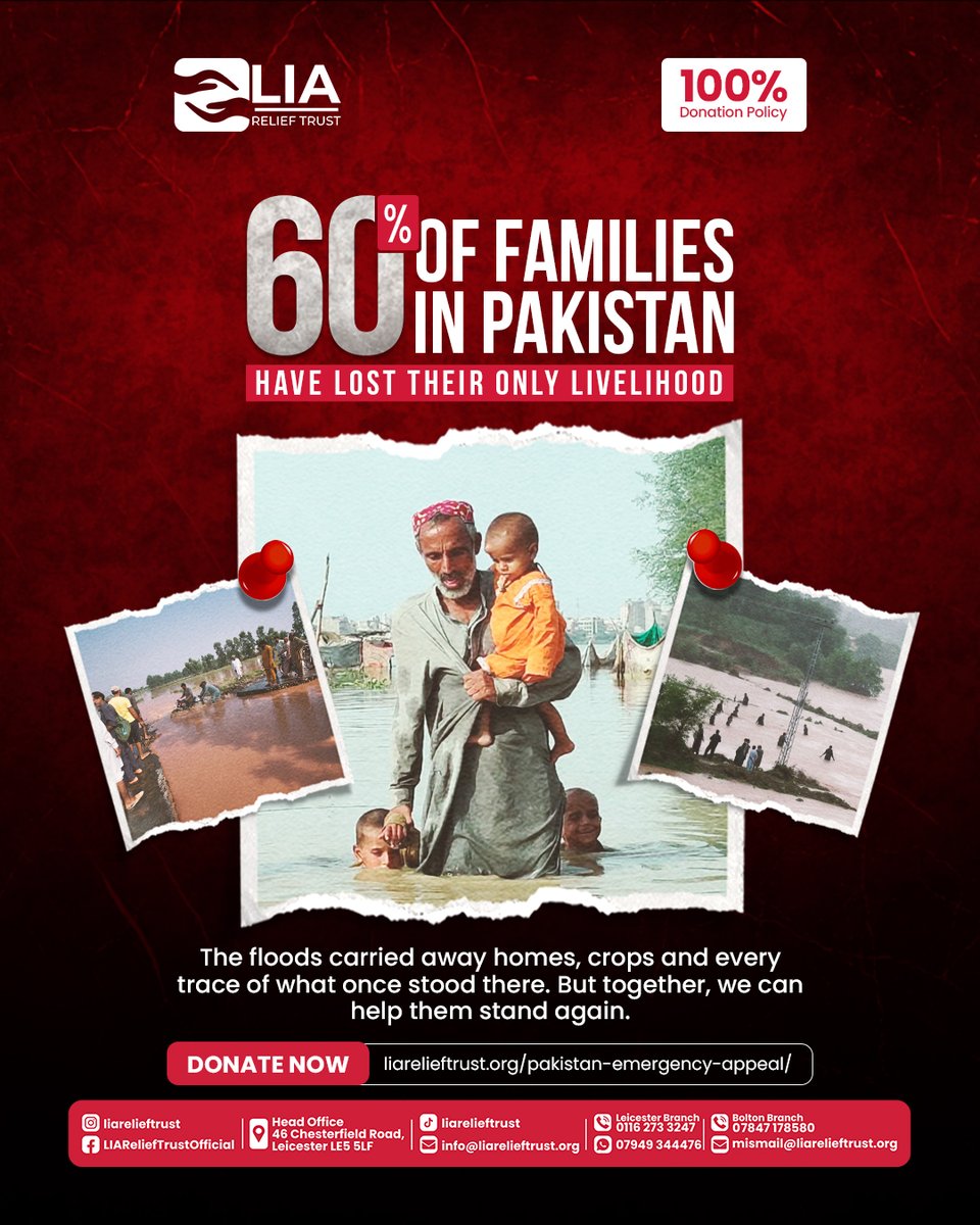 LIAReliefTrust's tweet image. Millions in Pakistan are still struggling after devastating floods. 🌊 60% of families lost their only income. Your support can rebuild homes &amp;amp; restore livelihoods.

🤲 Donate: liarelieftrust.org/appeals/pakist…

#PakistanFloods #EmergencyRelief #LIAReliefTrust #DonateNow #Humanitarianaid