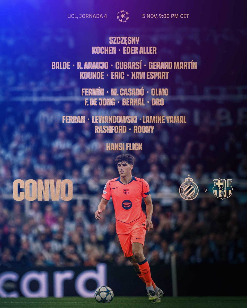 🚨 Sense Andreas Christensen, amb molèsties al soli, pel #ClubBruggeBarça 

❌ Baixes: Joan Garcia, Pedri, Raphinha, Gavi, Ter Stegen. 

🅱️ Xavi Espart, Dro + els porters Kochen i Aller, del filial. 

<a href="/Laporteriabtv/">La Porteria</a> <a href="/btvesports/">btv esports</a> #FCBLive