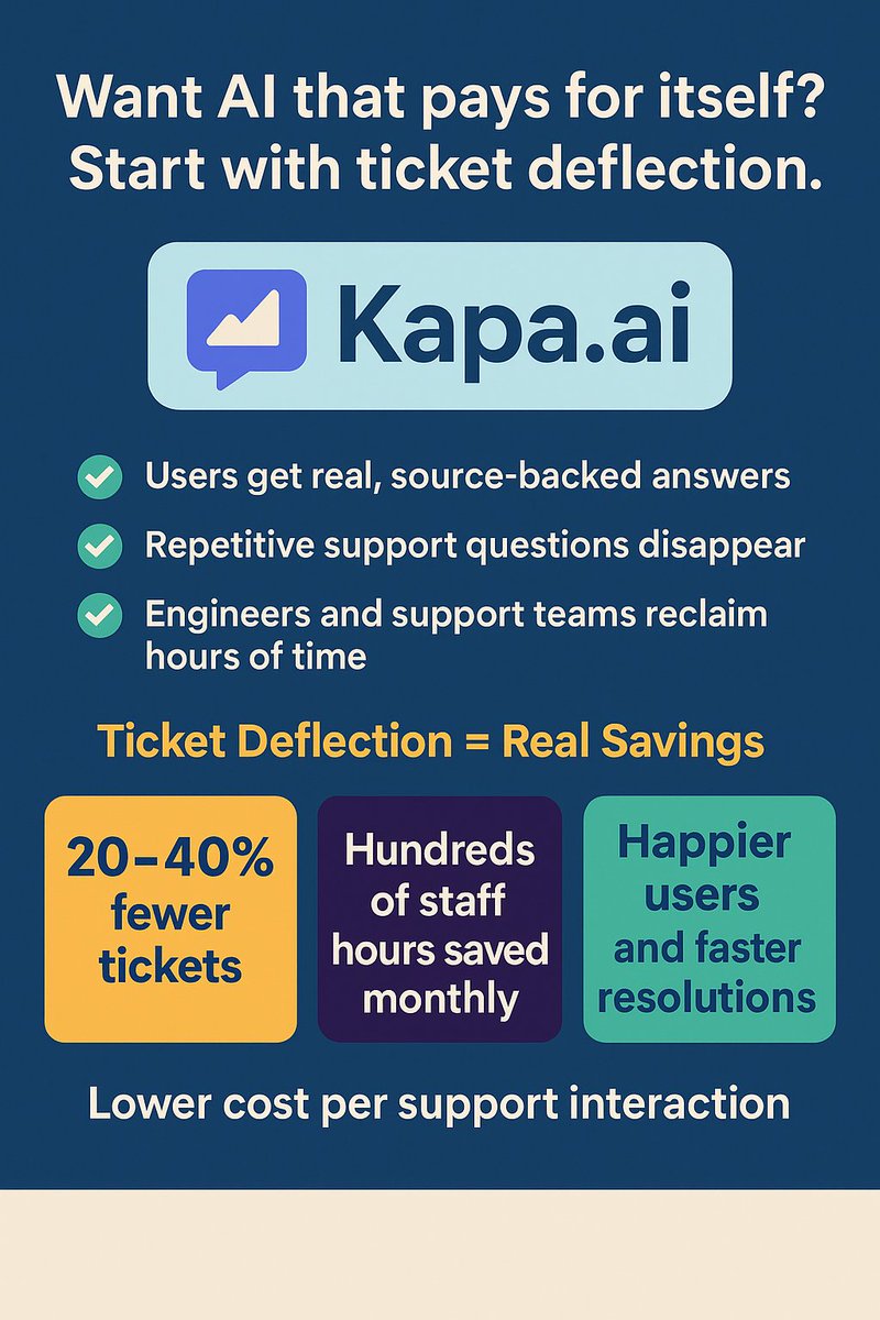 DavidFromThere's tweet image. 💰 Want AI that pays for itself? Start with ticket deflection.

That&apos;s exactly what companies are seeing with Kapa.

We help teams launch Kapa quickly and track the real impact on cost, time and customer satisfaction.

👉 Contact us agenticpartnergroup.com

#TicketDeflection #AI