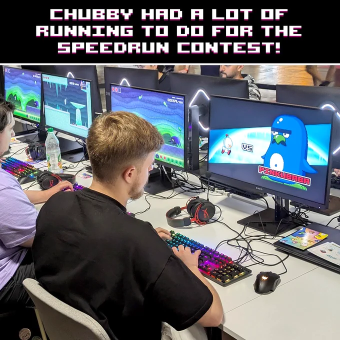 "Chubby had a lot of running to do for the speedrun contest!"
You can see two people with their backs faced to the camera as they both are in a Boss fight. The person on the left is fighting against miniboss Scorpew while the person on the right is fighting against miniboss Pinkubaba.