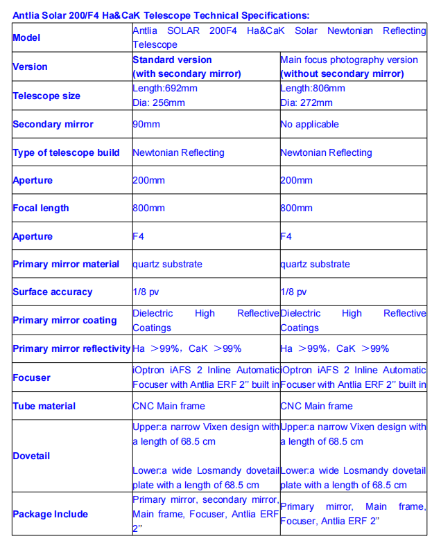 Antlia Solar 200/F4 Ha&amp;CaK Telescope Technical Specifications: