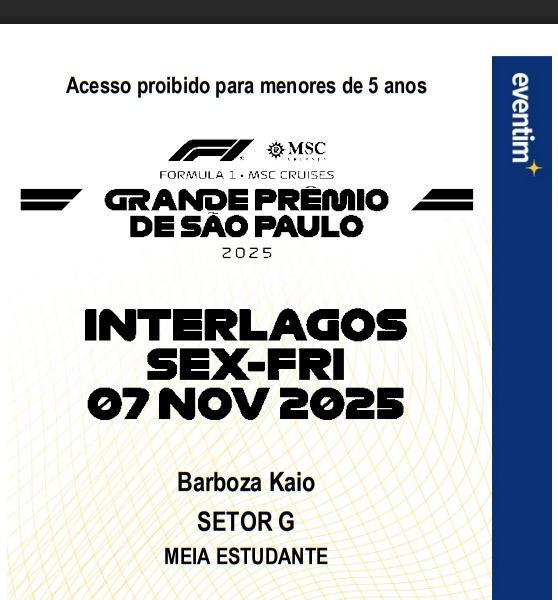 Kaiorb96's tweet photo. Ingressos para o Grande Prêmio de Formula 1 São Paulo 2025  

Vendo 2 ingressos para sexta-feira e 1 para o sábado. 
 
Setor G.

Todos são meia-entrada, e o envio é digital (PDF).

R$ 155,00 reais cada! 

 #Formula1 #f1 https://t.co/OcgRYgs4Ra