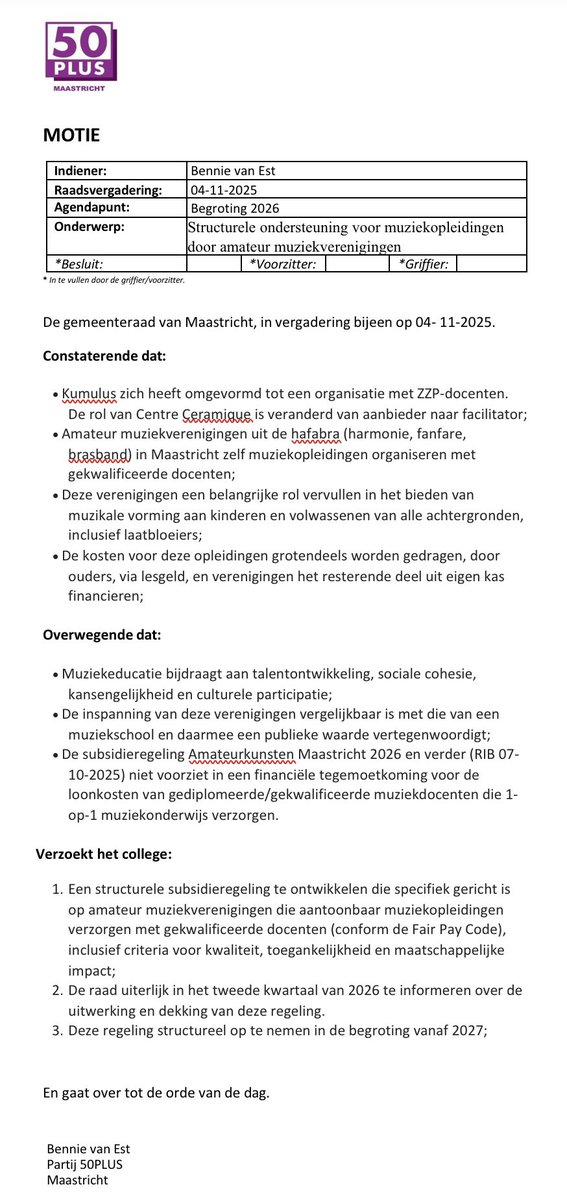 50PLUS Maastricht wil financiële ondersteuning voor harmonieën en fanfares die eigen gekwalificeerde muziekdocenten in dienst hebben.