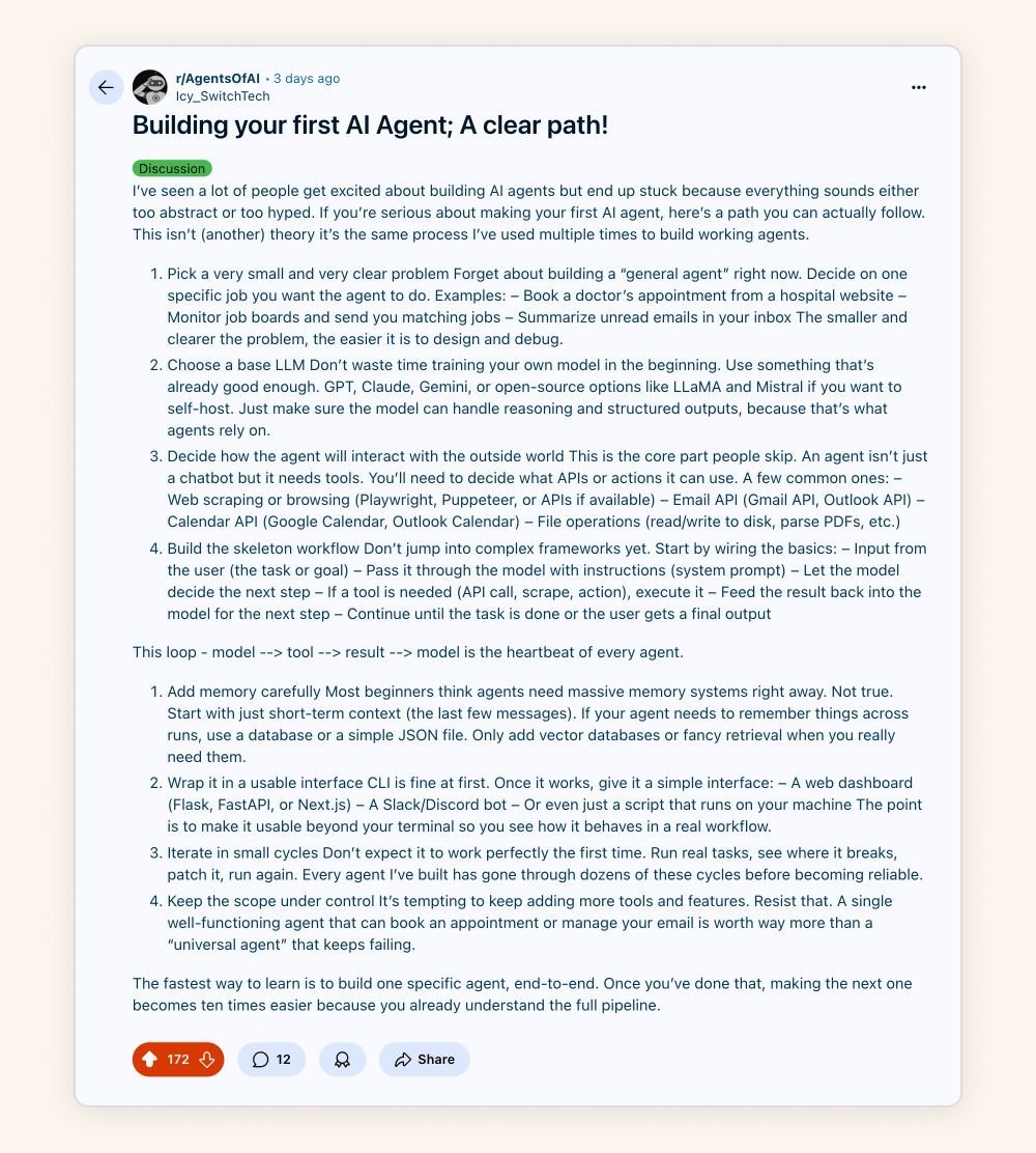 This dude on Reddit just dropped the most practical guide to building your first AI Agent