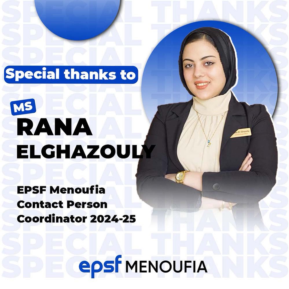 Special thanks to 𝐌𝐬. 𝐑𝐚𝐧𝐚 𝐄𝐥𝐠𝐡𝐚𝐳𝐨𝐮𝐥𝐲 𝗘𝗣𝗦𝗙-𝗠𝗲𝗻𝗼𝘂𝗳𝗶𝗮 𝐂𝐨𝐧𝐭𝐚𝐜𝐭 𝐏𝐞𝐫𝐬𝐨𝐧 𝐂𝐨𝐨𝐫𝐝𝐢𝐧𝐚𝐭𝐨𝐫  2024-2025.❤️

#EPSF_Menoufia