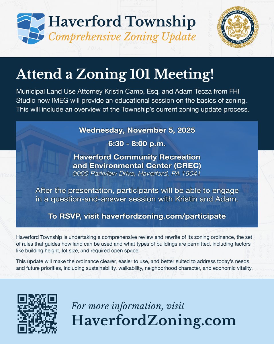 It’s not too late to RSVP for the Zoning 101 meeting on Wednesday, November 5! 

Join us at the CREC at 6:30 p.m. to learn the basics of zoning and get an overview of Haverford Township’s current zoning update process. 

RSVP now @ haverfordzoning.com/participate