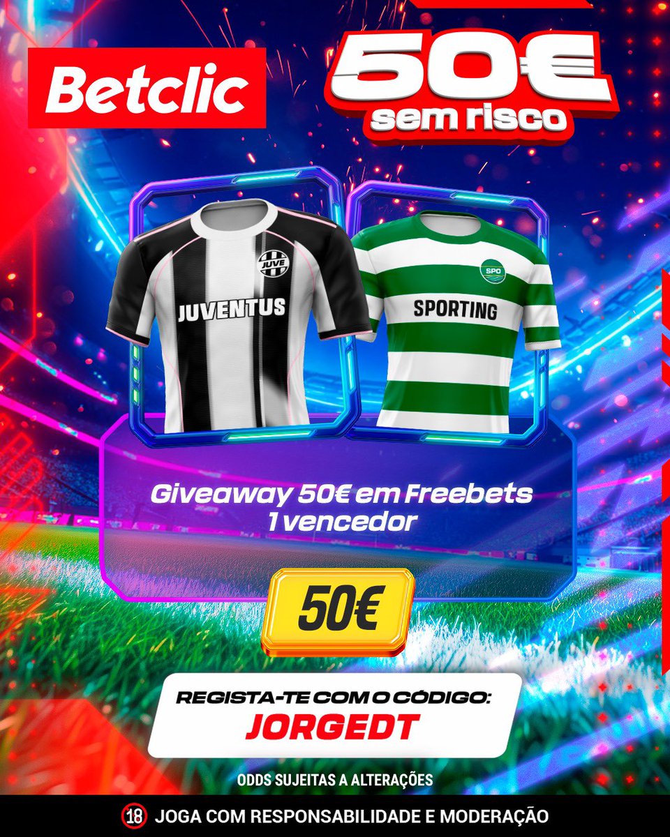 🚨GIVEAWAY 

Jogo grande para o Sporting e vamos dar 50€ a 1 de vocês 👀

Para participar:
-Seguir a <a href="/BetclicPortugal/">Betclic Portugal 🔞</a> 
-Dar rt e like
-Comentar username da Betclic 

Podem comentar 1 vez até às 20h 💪🏼✅