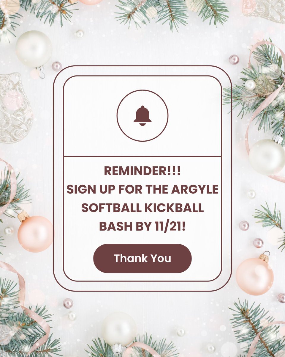 ArgyleSoftball's tweet image. DON&apos;T FORGET TO SIGN UP FOR THE KICKBALL TOURNAMENT! Must sign up by November 21st! Tournament is SATURDAY Dec 6th at the Argyle Softball/Baseball facilities. See you there! 🦅☄️

forms.gle/TA21qRekL6DBgd…