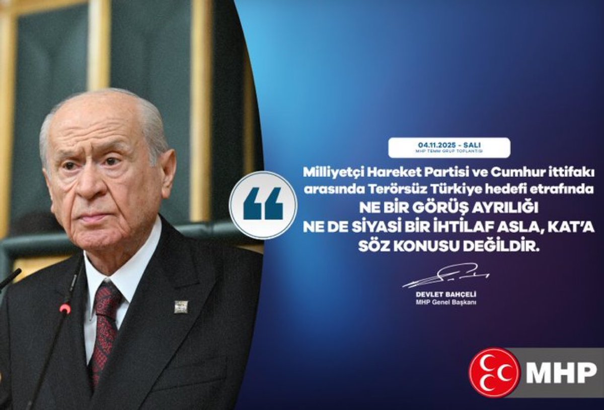 Milliyetçi Hareket Partisi ve Cumhur ittifakı arasında Terörsüz Türkiye hedefi etrafında ne bir görüş ayrılığı ne de siyasi bir ihtilaf asla, kat’a söz konusu değildir.

Liderimiz Sayın Devlet BAHÇELİ