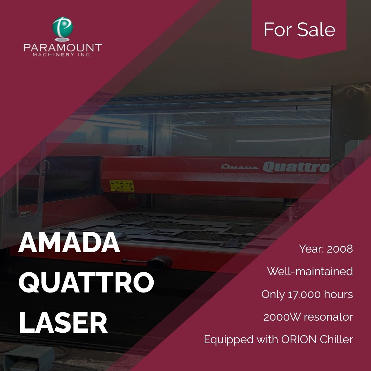 PrmtMachinery's tweet image. Clean and reliable! 2008 AMADA QUATTRO AF2000E with 17,000 hrs, 2000W resonator (½” steel capacity) + ORION Chiller. zurl.co/YM5ps 

#Amada #LaserMachine #FabricationEquipment #MachineryForSale