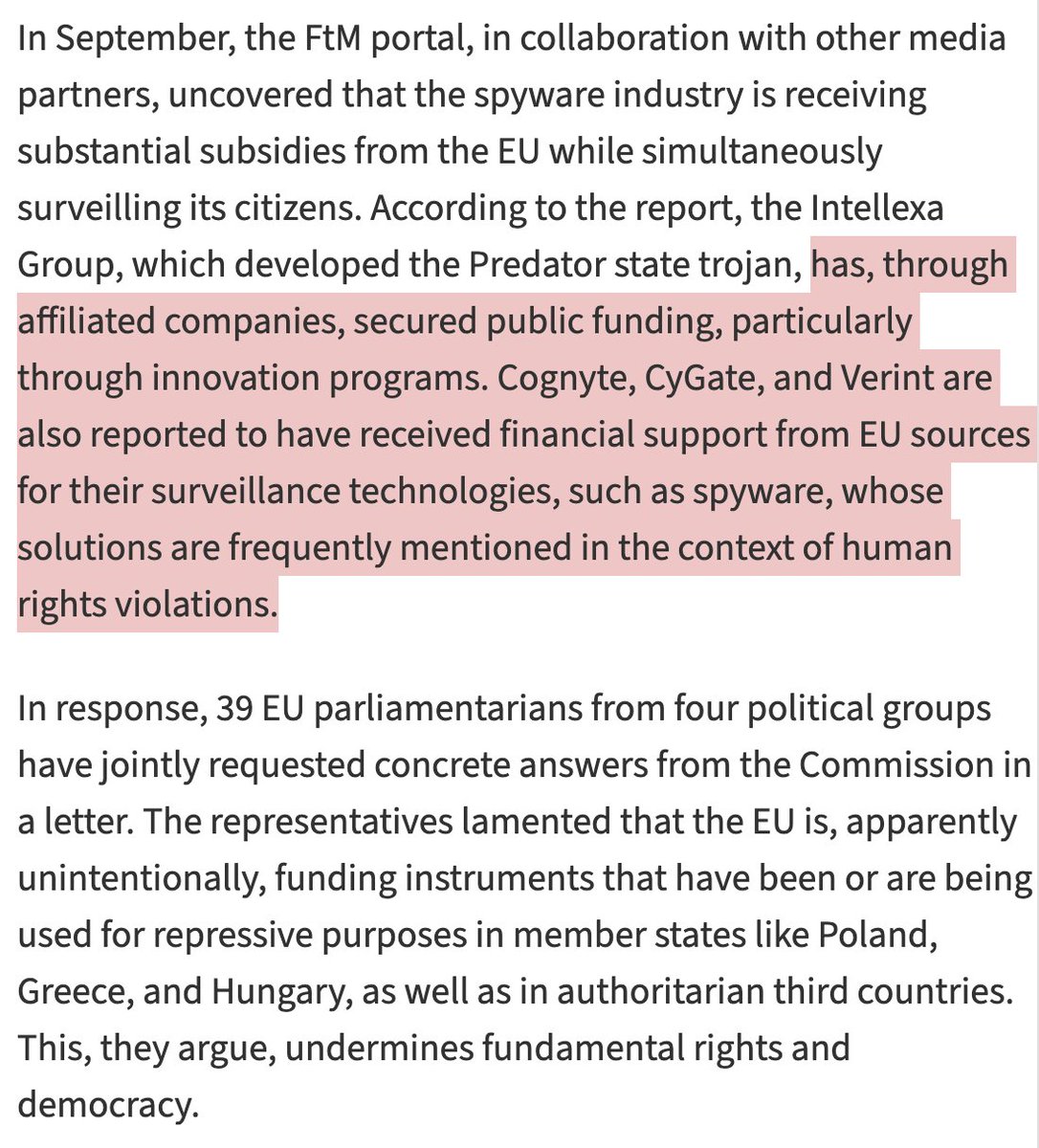 jsrailton's tweet image. CONFIRMED: substantial🇪🇺EU money went to spyware companies.

@EU_Commission now says it will "immeidately" stop funding some. But questions remain.

We first learned this thanks to @criticalvas @FTM_eu &amp;amp; partners digging.

Then 39 MEPs from 4 groups leaned in &amp;amp; and demanded…
