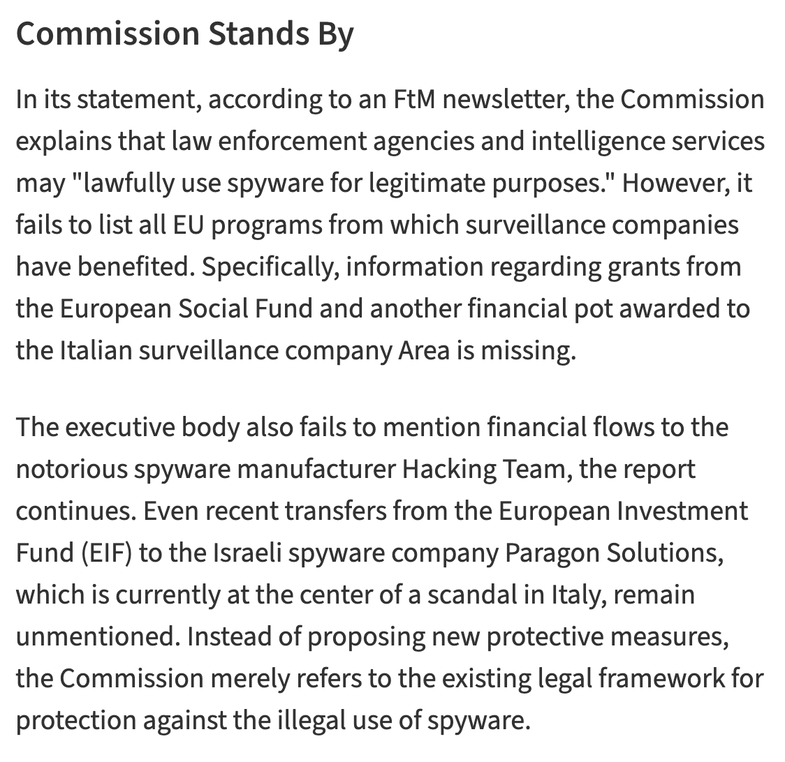 jsrailton's tweet image. CONFIRMED: substantial🇪🇺EU money went to spyware companies.

@EU_Commission now says it will "immeidately" stop funding some. But questions remain.

We first learned this thanks to @criticalvas @FTM_eu &amp;amp; partners digging.

Then 39 MEPs from 4 groups leaned in &amp;amp; and demanded…