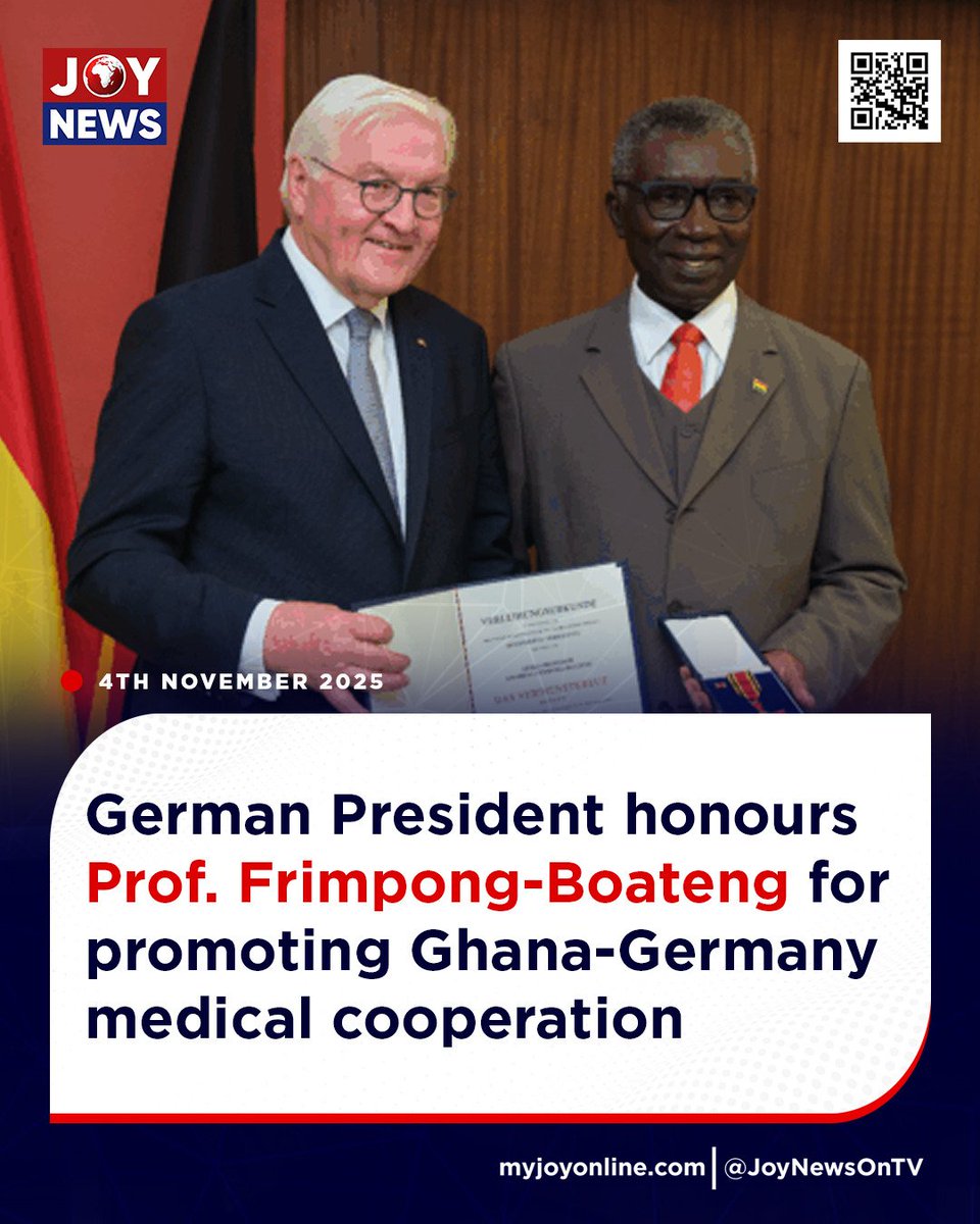 JoyNewsOnTV's tweet photo. German President honours Prof. Frimpong-Boateng for promoting Ghana-Germany medical cooperation

Follow our WhatsApp channel for all the breaking stories: https://t.co/2sFSjJV6p2

#JoyNews https://t.co/4GySCV9hXy