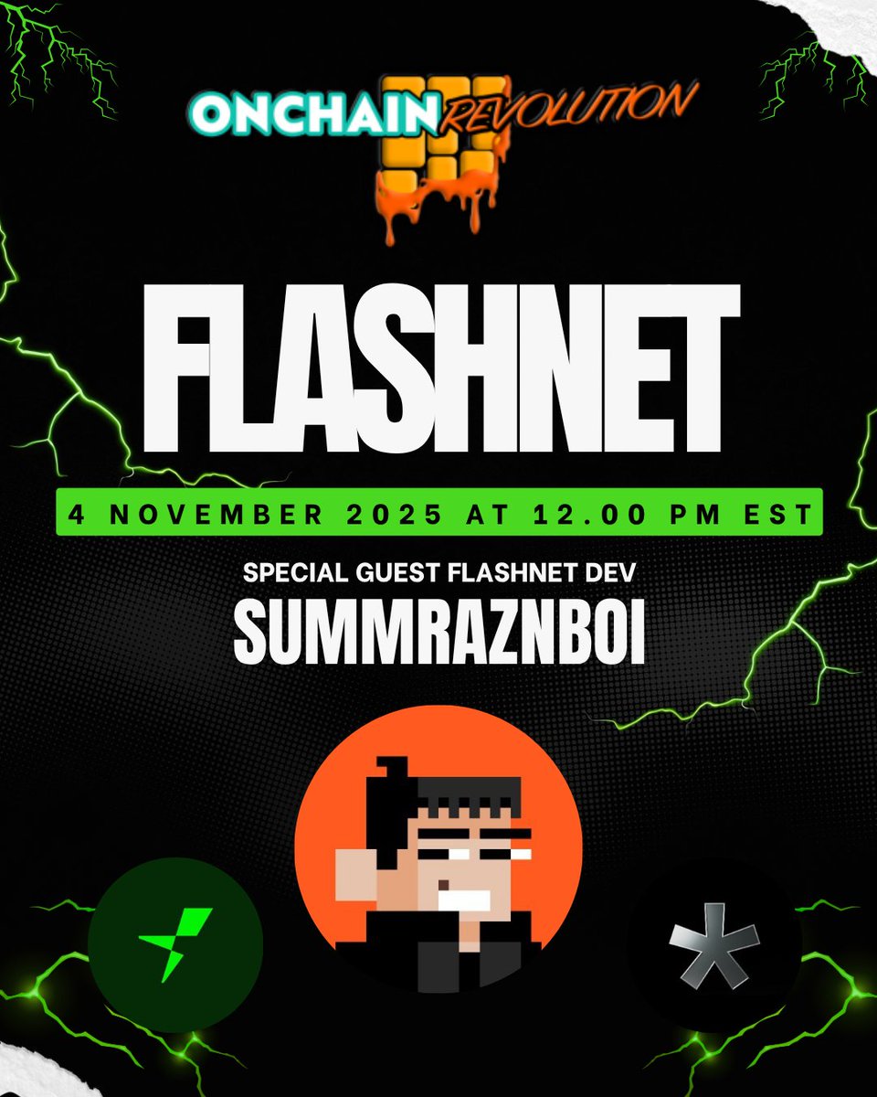 OnChainRev's tweet image. Going live at 12PM EST with a special guest — @summraznboi from the @flashnet team! ⚡

He’s pulling back the curtain on Flashnet development.

Got questions? Drop them live in chat.

You won’t want to miss this one. 💥
#Bitcoin #Spark #Flashnet