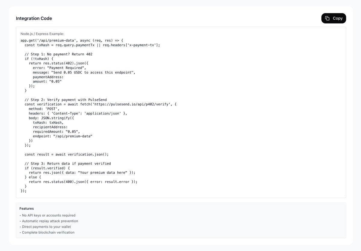 p402 web payments are now live on PulseChain.

The first and only HTTP 402 infrastructure on PulseChain, powered by <a href="/PulseSend/">PulseSend</a>  

Monetize any API with USDC, free verification API, micropayments, and more.

Learn more: PulseSend.io/p402