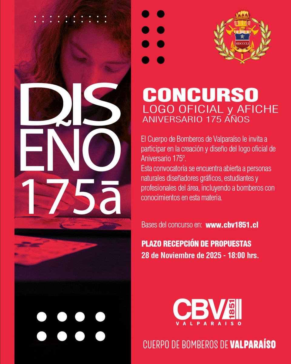CONCURSO 175 AÑOS🎖️| Invitamos a la comunidad a diseñar el logo y afiche oficial de nuestro próximo aniversario, con el que celebraremos un año más de servicio a la comunidad. Las propuestas serán recibidas hasta las 18.00 hrs del 28 de noviembre. Bases en CBV1851.cl