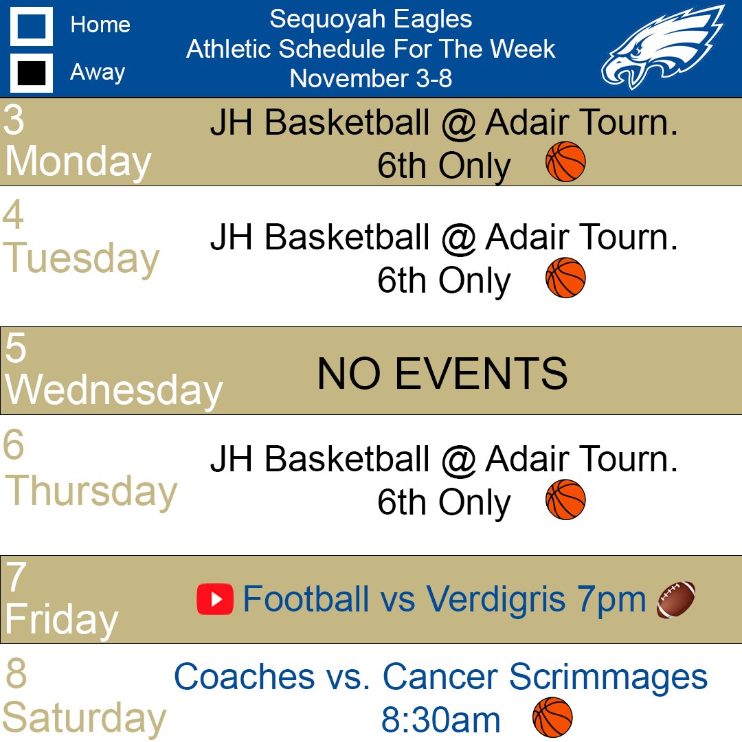 It's time to mark the calendar!!

Check out the graphic below to see all the Eagles Athletic events going on this week!

#comesoarwithus #sequoyaheagles