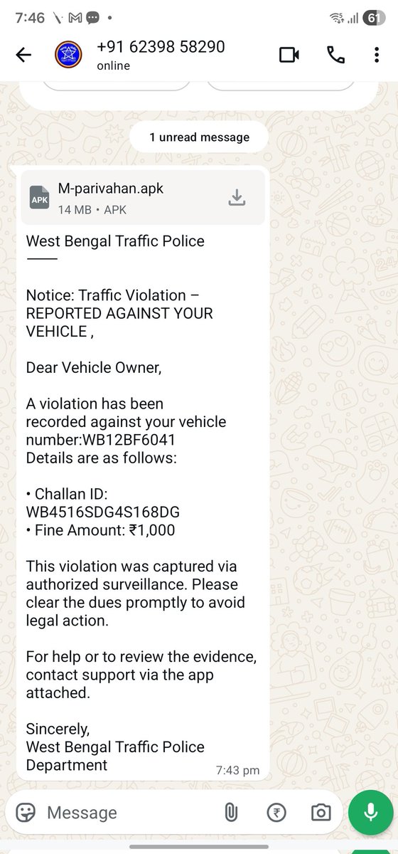 BelieveKG's tweet photo. @KPTrafficDept @KolkataPolice Hi Kolkata Police - I got the below whatsapp message. Looks look a new scam. Please spread awareness https://t.co/bnh8IXNeXF