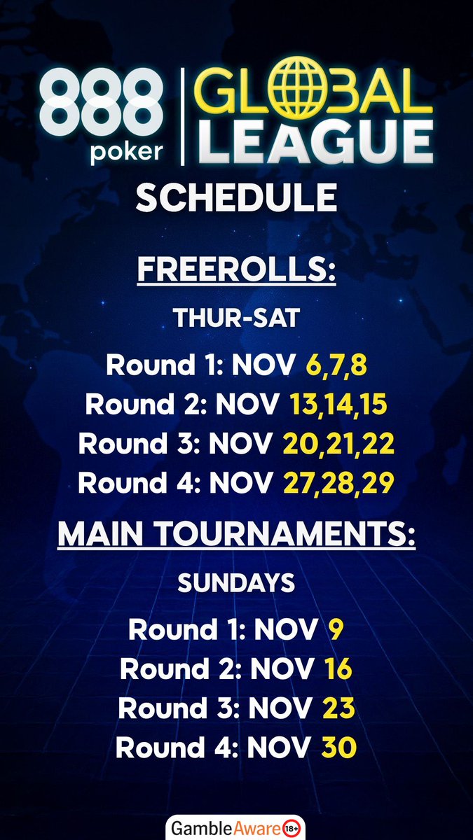 It's almost time for the first round of the Global League!

Here's a look at what you can expect in November. 👀

Make sure you're following <a href="/888poker/">888poker</a> on Instagram so you don't miss out on any passwords or updates!