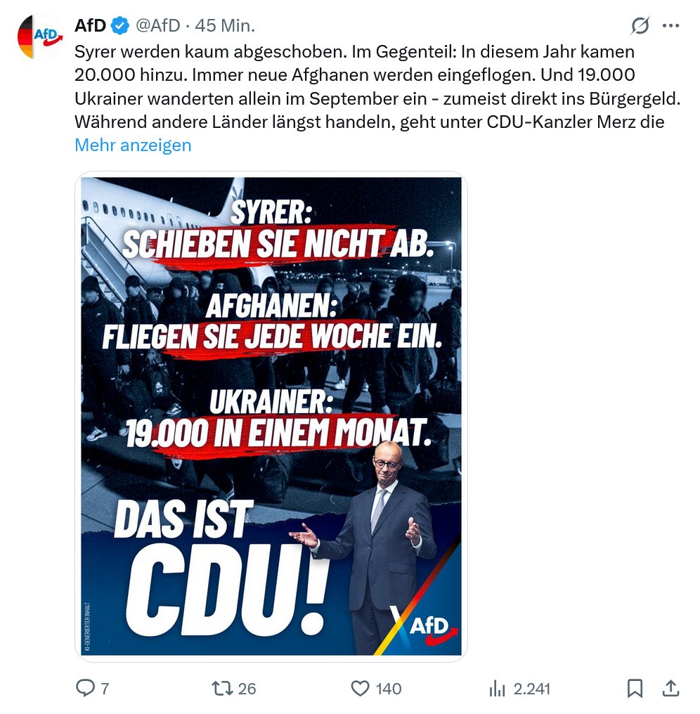 Was die <a href="/AfD/">AfD</a> so bewegt:
Migration
Migration
Migration
Abschiebungen
Abschiebungen
Abschiebungen...
Was die <a href="/AfD/">AfD</a> offensichtlich nicht bewegt:
Wohnen, Mieten, Gesundheit, Bildung, Klimaschutz und alles andere, was für Menschen in Deutschland wichtig ist.