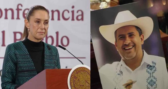 Left side shows a woman with dark hair in a ponytail wearing a green patterned vest over a black top, standing at a wooden podium with a microphone, speaking at an event with a red banner reading Conferencia de Prensa behind her and a seal on the podium. Right side displays a framed portrait of a man smiling, wearing a white cowboy hat and embroidered shirt, placed on a table with a blurred background.