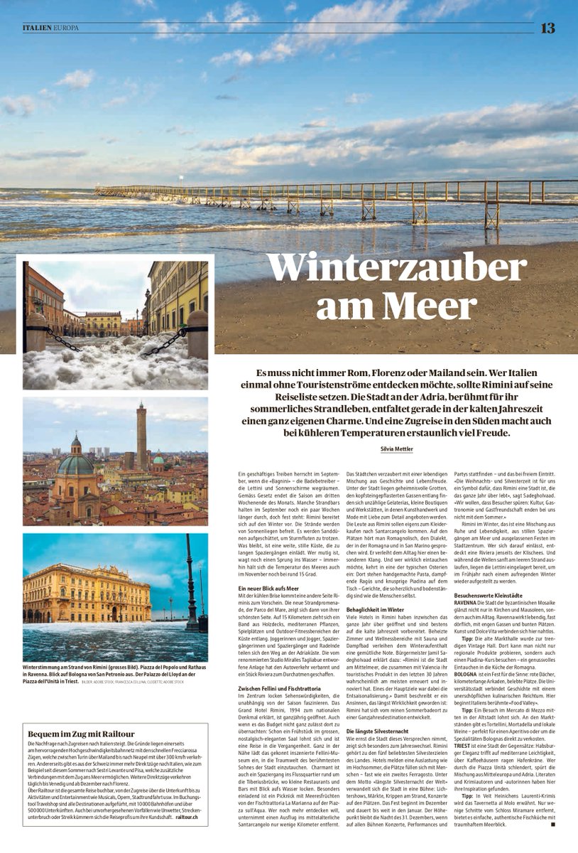 Rimini conquista la stampa svizzera.
La riviera riminese protagonista su REISEN, supplemento di Berner Zeitung, Basler Zeitung e Tages Anzeiger, con il reportage “Winterzauber am Meer” dedicato a “Rimini, magia d’inverno sul mare”. 
👉bit.ly/47Fz944
#rimini #comunerimini