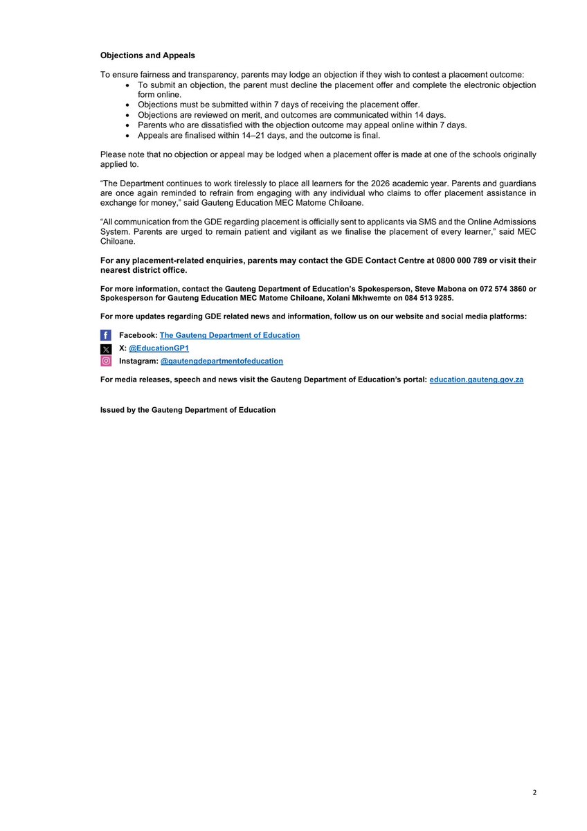 MEDIA STATEMENT | GDE warns parents against fraudsters offering school placements, and provides an update and clarification on the #2026OnlineAdmissionsGP placement process.