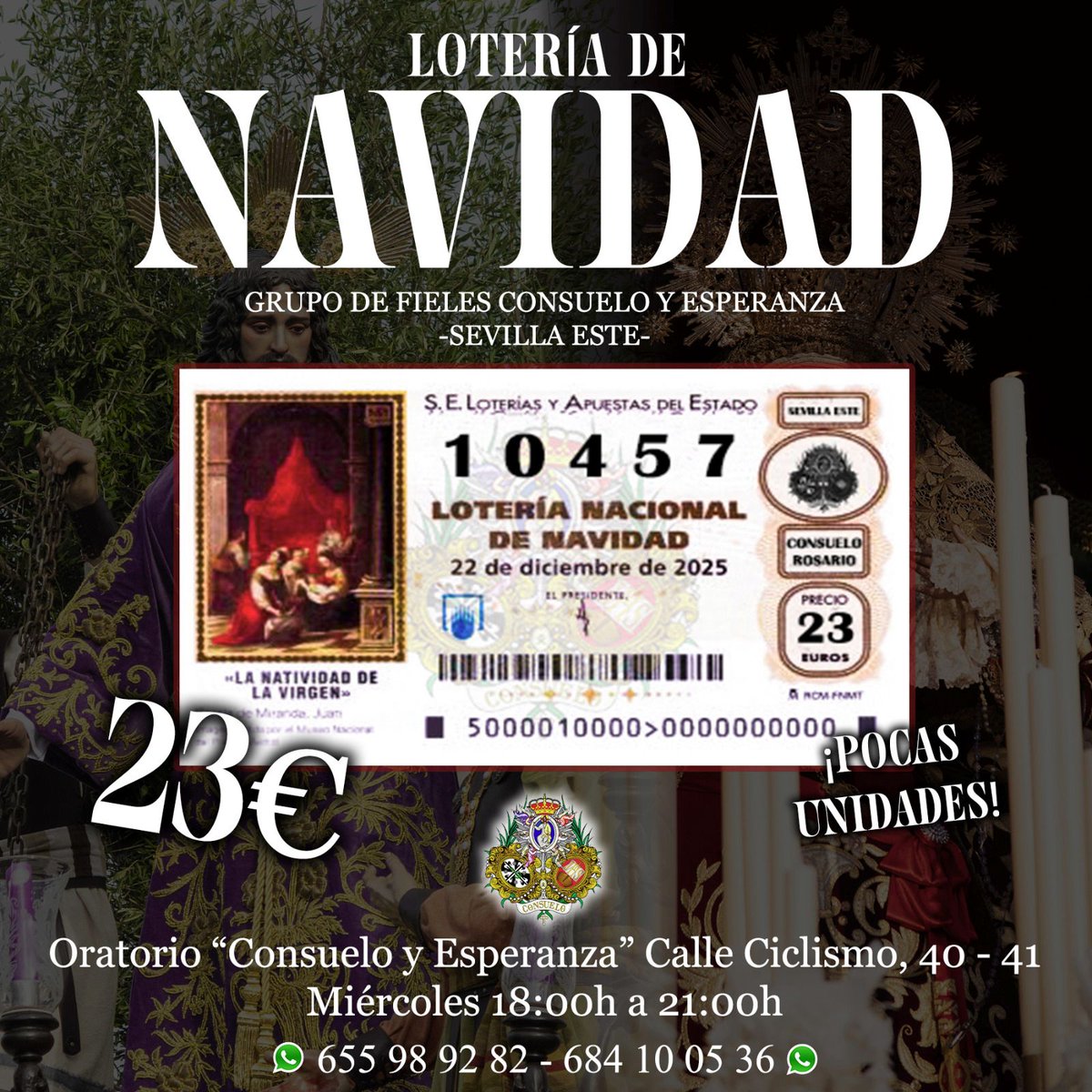 🛞🎫𝐋𝐎𝐓𝐄𝐑𝐈𝐀 𝐃𝐄 𝐍𝐀𝐕𝐈𝐃𝐀𝐃 

Este año y por primera vez contaremos con Lotería de Navidad a un precio de 23€

Podrá adquirirse hoy, mañana y todos los miércoles en nuestro Oratorio de la C/ Ciclismo en horario de de 18:00h a 20:30h

¡Que la suerte nos acompañe! ℹ️⬇️