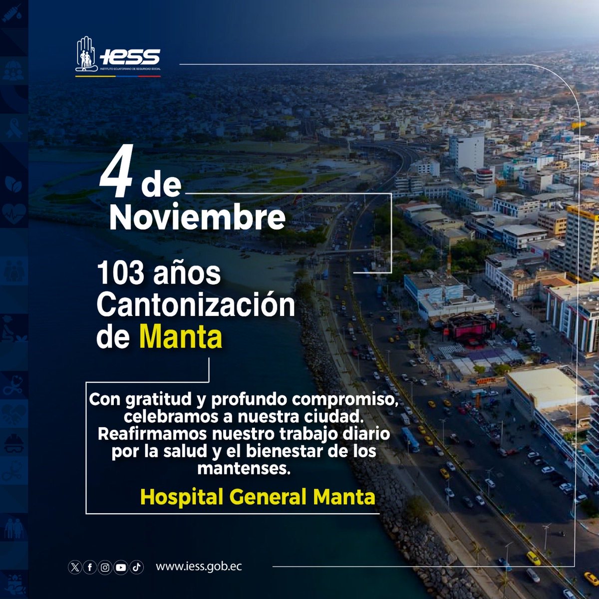 #IESSenAcción | Saludamos a Manta en sus 103 años de cantonización. 🎉
🩺 En 2025 atendimos a más de 90 mil afiliados. 
🤝 El <a href="/IESSec/">IESS</a> fortalece los servicios de salud y su compromiso con los asegurados.