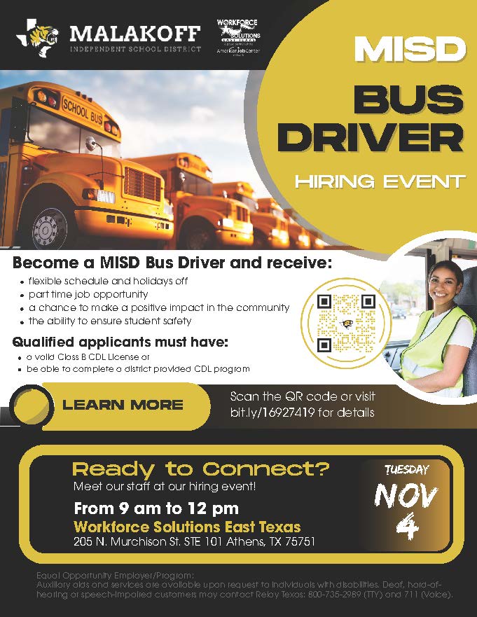 Hiring event TODAY for MISD bus drivers!
Join us at our hiring event on Tuesday, November 4th, at 205 N. Murchison St. to learn more about driving opportunities with MISD. Start a rewarding career that keeps our community moving! 🚍