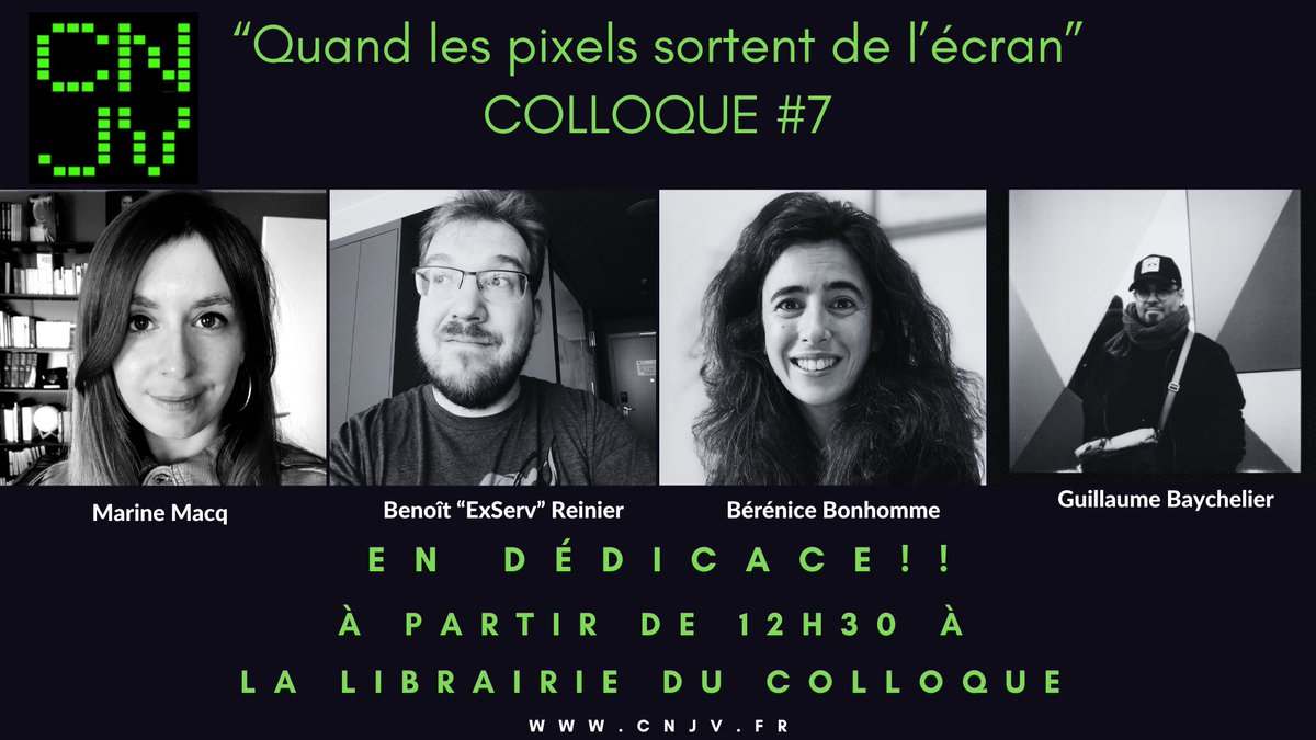 📚 J-4 : Ne manquez pas la séance dédicace au Colloque CNJV  !
Rencontrez <a href="/MacqMarine/">Marine Macq - GAMMA 🎨</a>, Benoît "Exserv" Reinier, Bérénice Bonhomme et <a href="/gbaychelier/">Guillaume Baychelier</a> pour des échanges uniques et des autographes personnalisées.
👉 Inscription obligatoire : tinyurl.com/mrx53a3v
#Dédicace