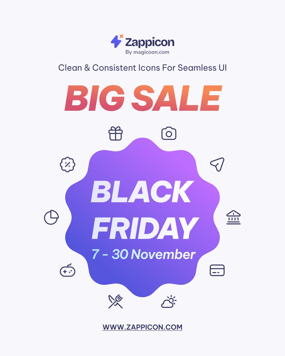 ZappiconLabs's tweet photo. 🎁 Black Friday Sale 🎁 Nov 07–30!

Get 23,000+ premium icons from Zappicon, ready for all your projects.
One-time payment. Lifetime access. Free updates forever.
Don’t miss the biggest deal of the year!

#ui #ux #uidesign #icons #iconset #iconpack https://t.co/ESWoq9bHaC