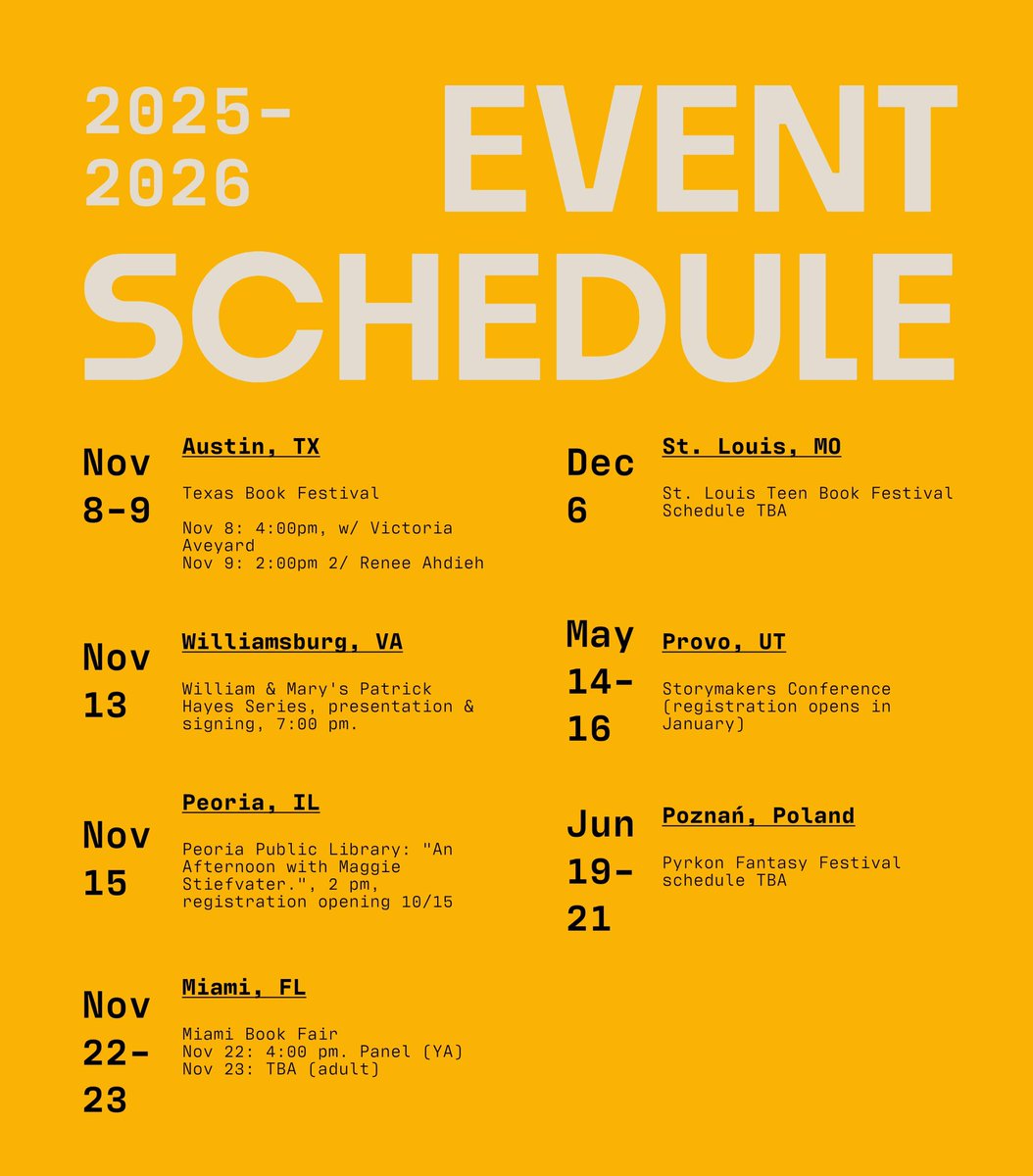 Texas, Virginia, Illinois, Florida, Missouri, Utah, Poland!
maggiestiefvater.com