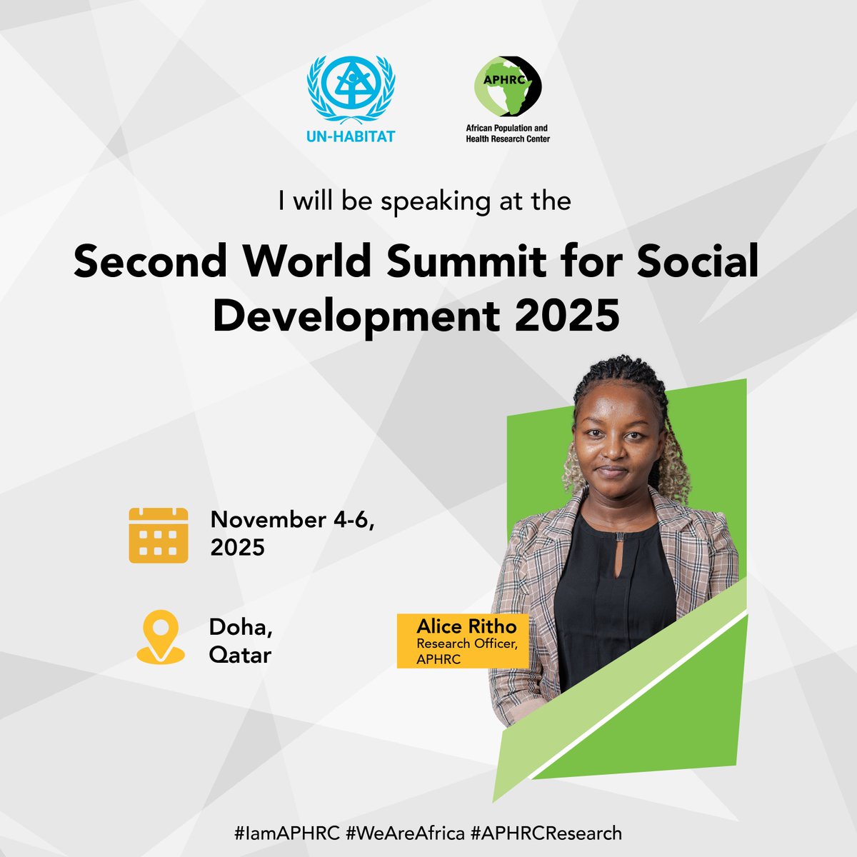 aphrc's tweet image. 🌍 From Africa to the world! APHRC’s @Rithow_Alice joins global experts in Doha for the Second World Summit for Social Development 2025, amplifying African voices in the global development agenda.
 
#SocialSummit2025 #WeAreAfrica #APHRCResearch #EvidenceToImpact 

@UN…