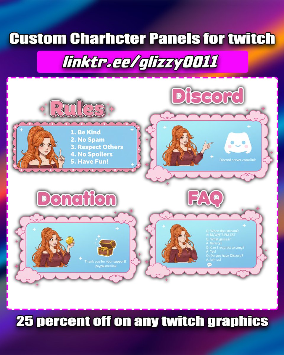 glizzy0011's tweet image. Panel perfection 🩷 Designed a matching set for Discord, Donations, Rules &amp;amp; About sections! COMMISSIONS OPEN → linktr.ee/glizzy0011

#StreamerSetup #PanelDesign #TwitchGraphics