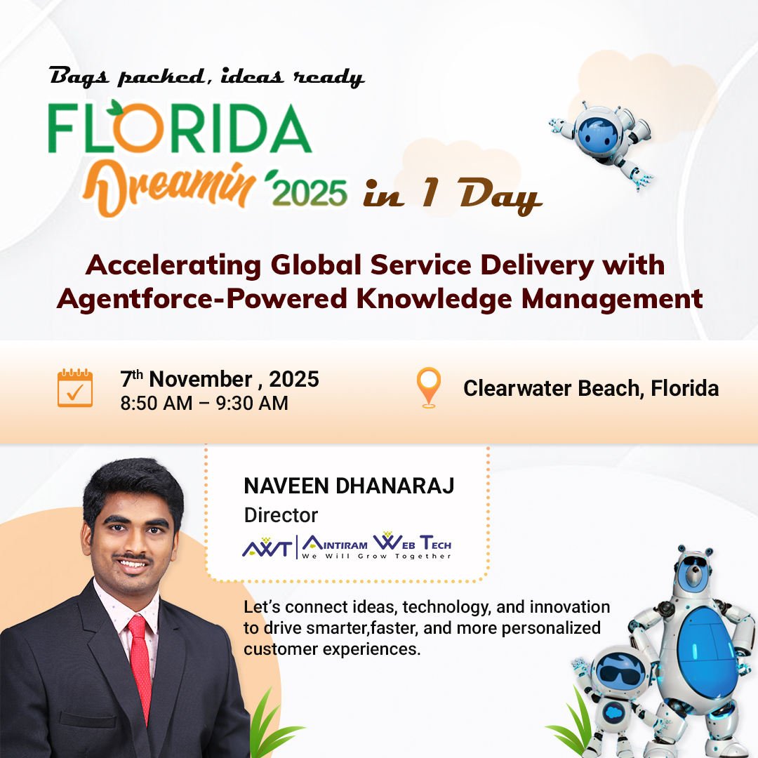 NaveenDhanaraj's tweet image. Heading to @dreamin_florida  tomorrow! 🌴✨
Excited to connect with the @salesforce  community &amp;amp; share ideas.
Join me on Nov 7 for my session:
“Accelerating Global Service Delivery with @agentforce -Powered #KnowledgeManagement.” 🚀

#CRM #AI #FLD25 @aintiram_in #Trailblazers