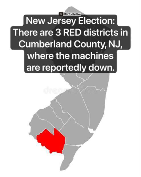 #BREAKING — In addition to the Bomb-threats in New Jersey on Election Day, Reports are coming in that there are 3 RED districts in Cumberland County, where the machines are down.

Tired of this bullshit..