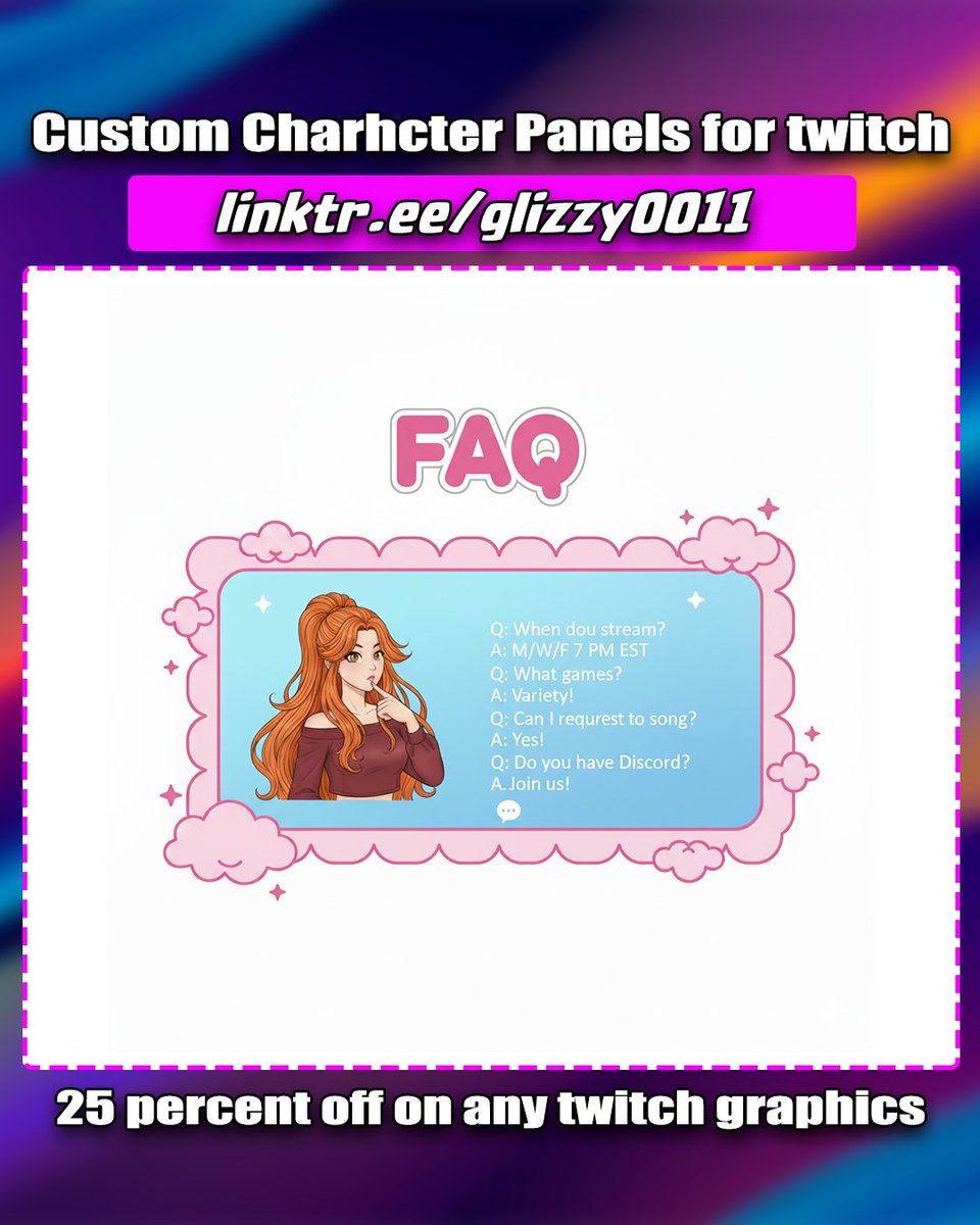 glizzy0011's tweet image. Panel perfection 🩷 Designed a matching set for Discord, Donations, Rules &amp;amp; About sections! COMMISSIONS OPEN → linktr.ee/glizzy0011

#StreamerSetup #PanelDesign #TwitchGraphics