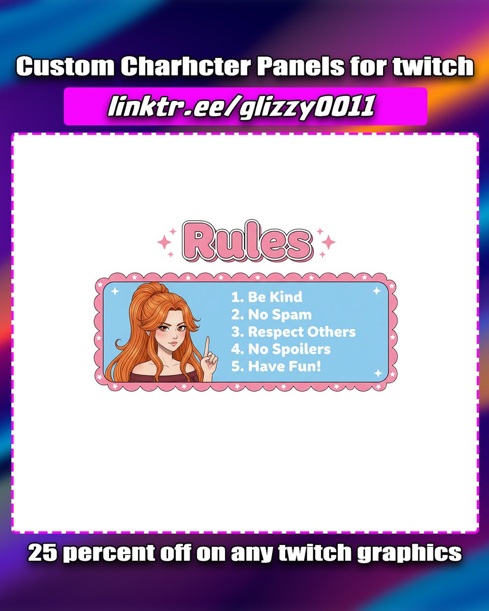 glizzy0011's tweet image. Panel perfection 🩷 Designed a matching set for Discord, Donations, Rules &amp;amp; About sections! COMMISSIONS OPEN → linktr.ee/glizzy0011

#StreamerSetup #PanelDesign #TwitchGraphics