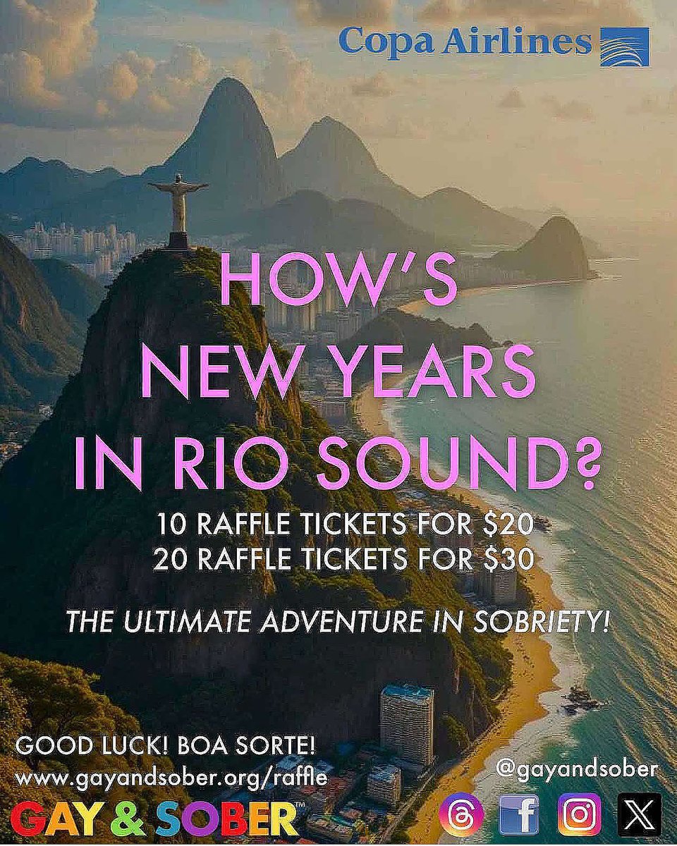 Don’t forget about our Fall/Winter raffle!
The drawing is November 30th so you don’t want to miss this chance to win a trip for 2 to Rio! You can change the dates if you win

Everything goes to GSM to help with the conference

Get your raffle tickets here: gayandsober.rallyup.com/rio/m/8075d5