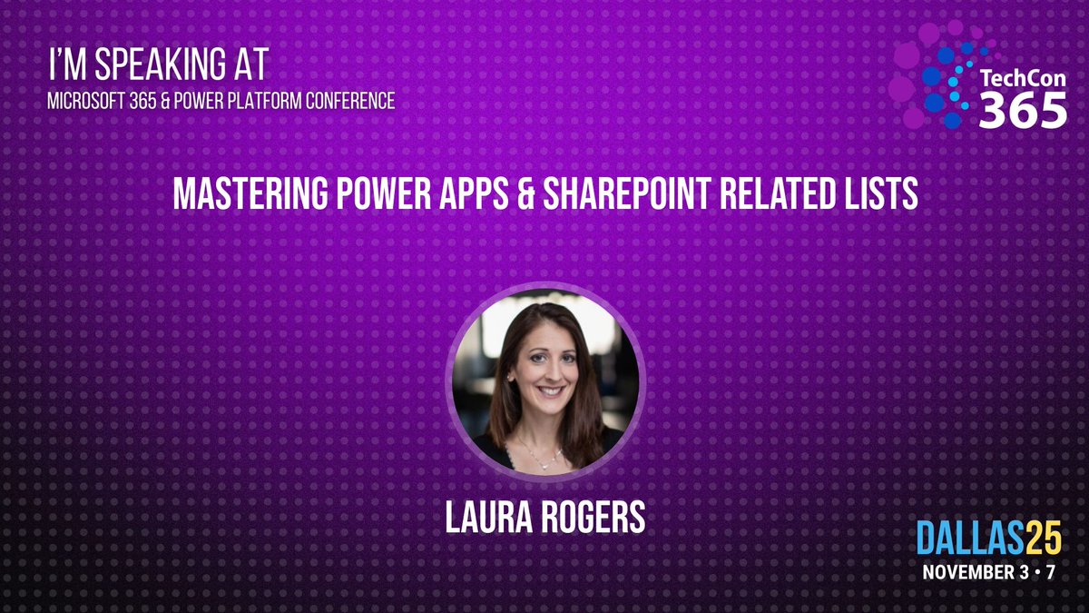 WonderLaura's tweet image. 🔄 Master parent-child forms in Power Apps! My session on Nov 5 at #TechCon365 covers related lists, lookup columns &amp;amp; repeating tables. A must for business form builders! 🧩📋 #PowerApps #SharePoint