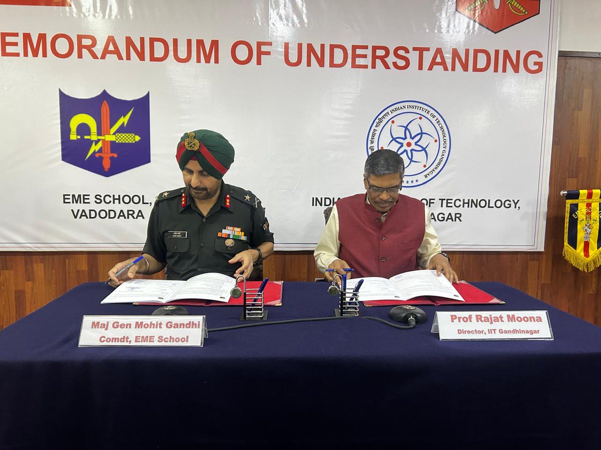 iitgn's tweet image. IITGN and the IndianArmy have signed an MoU at EME School, Vadodara, on November 4, 2025, marking the beginning of a long-term collaboration focused on research, development,and academic exchange, advancing civil–military cooperation in defence innovation