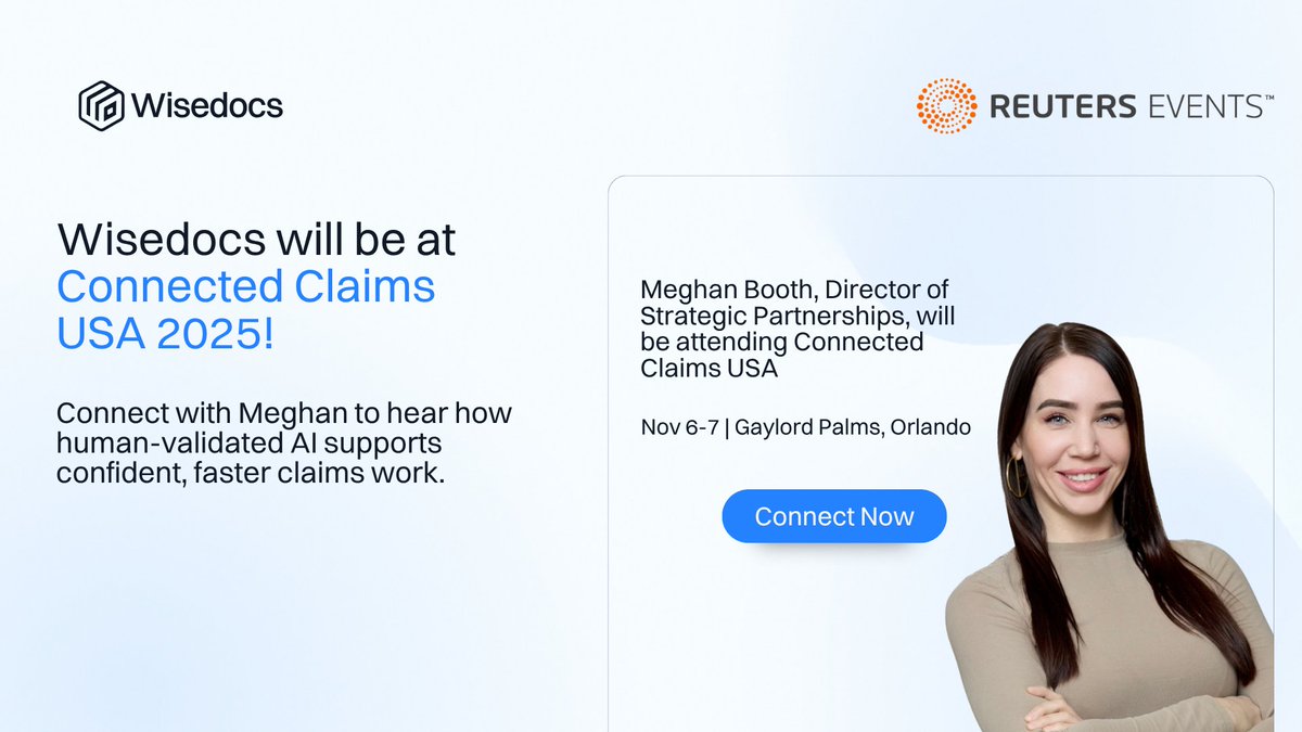 Wisedocsai's tweet image. 🚀 #Wisedocs is heading to @reutersevents #CCUSA 2025

Connect with Meghan Booth in Orlando to talk about human-validated #AI for smarter #ClaimsProcessing and trusted #ClaimsIntelligence

📍 #Orlando
📅 November 6 to 7

Book a time to meet 👉 hubs.ly/Q03QYfgp0