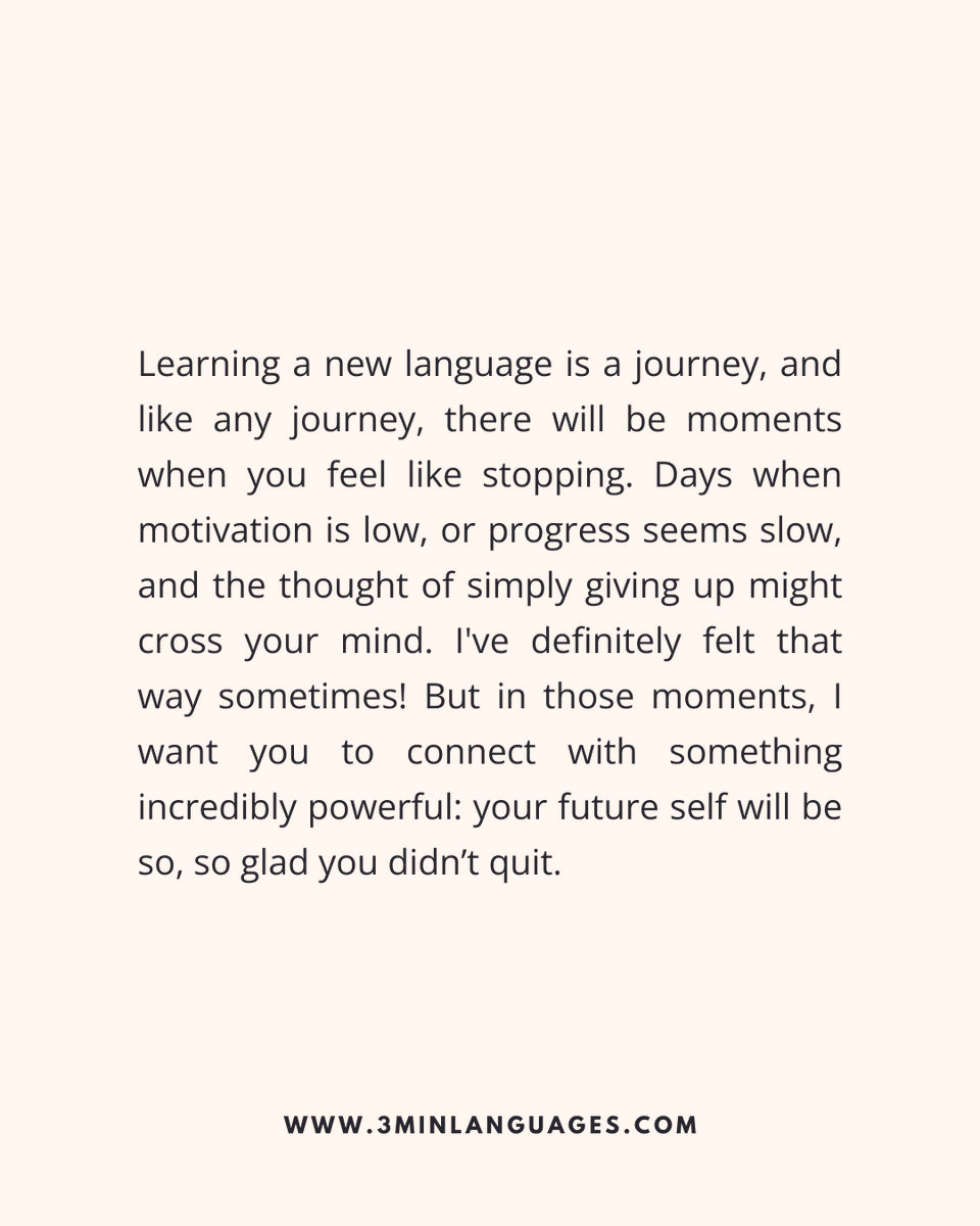 3MLanguages's tweet image. Your future self will thank you for not quitting.
 Show up for them today.
 👉 Invest 3 minutes: 3minlanguages.com

#3MinuteLanguages #StudyIn3 #LanguageLearning #MicroLearning #Consistency #LearnFrench #LearnSpanish #LearnGerman #LearnItalian #LearnPortuguese